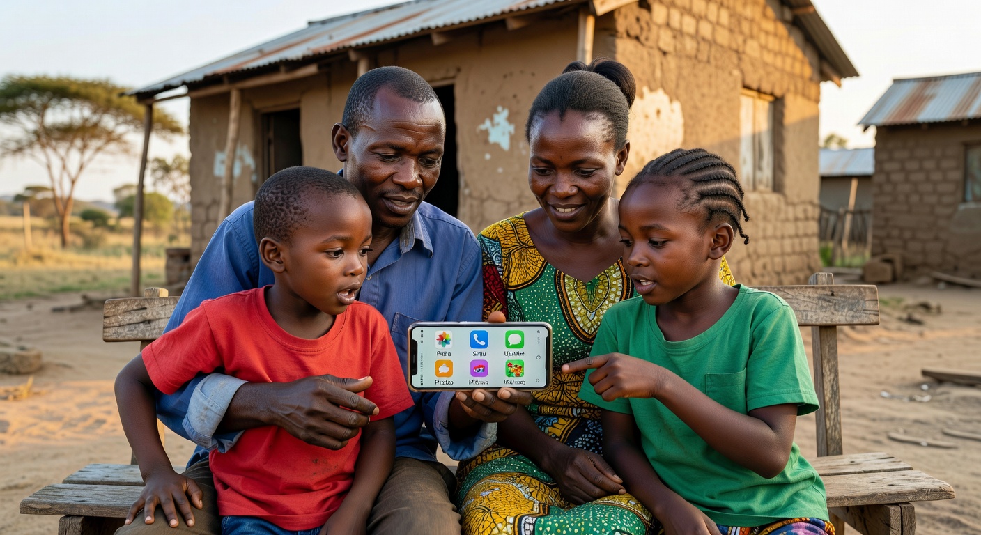 Ugandan family using smartphone